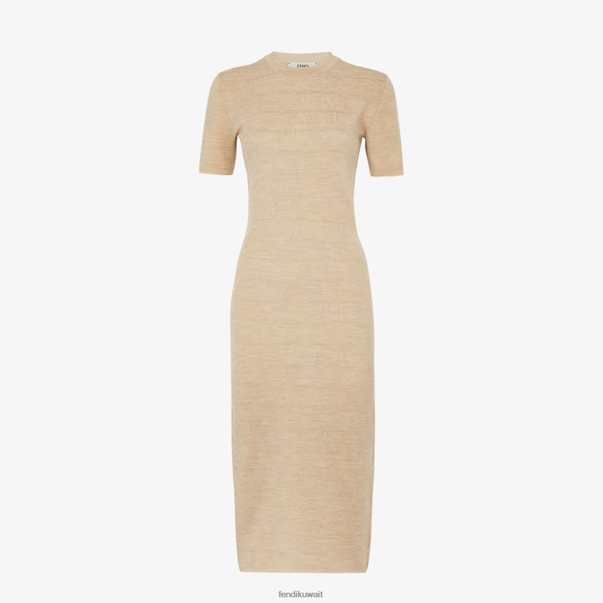 Fendi اللون البيج نحيف فستان من الصوف RTJZ1082 ثياب
