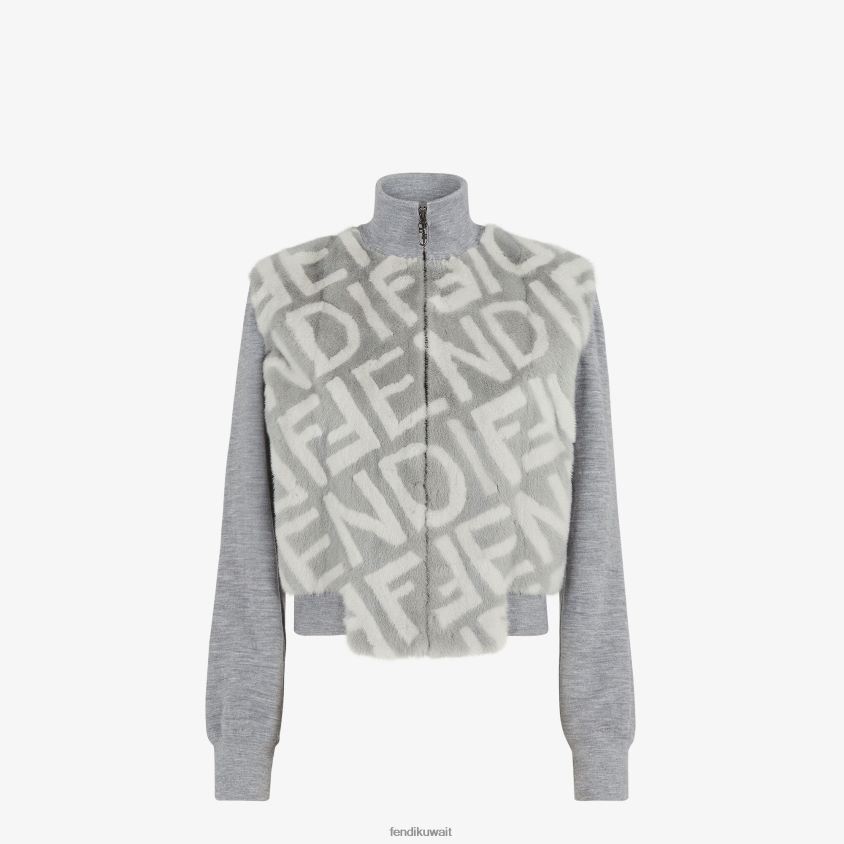 Fendi رمادي نحيف سترة بومبر المنك RTJZ1158 ثياب