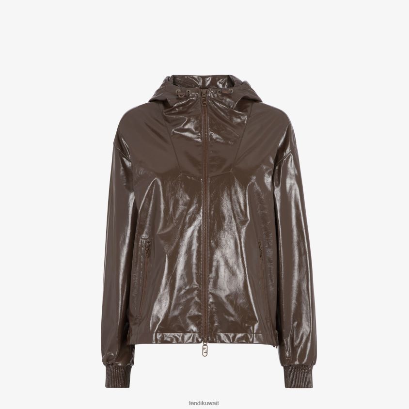 Fendi بني نحيف سترة جلدية لامعة RTJZ1169 ثياب