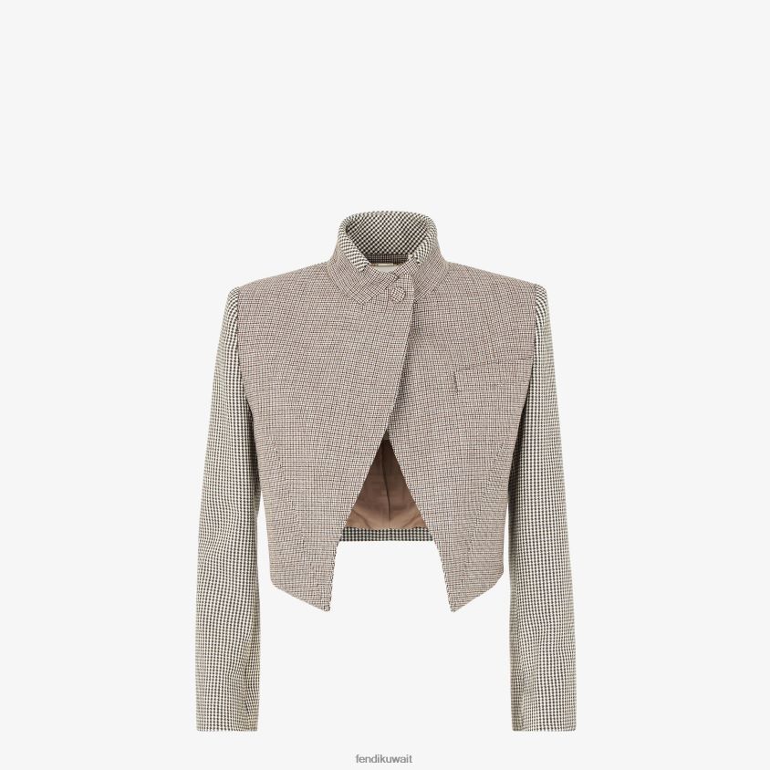 Fendi اللون البيج نحيف سترة من الصوف بنقش هاوندزتوث RTJZ1220 ثياب