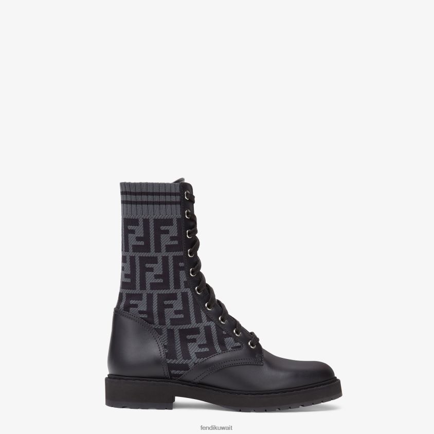 Fendi أسود نحيف أحذية جلدية لراكبي الدراجات النارية مع قماش مطاطي RTJZ1353 أحذية