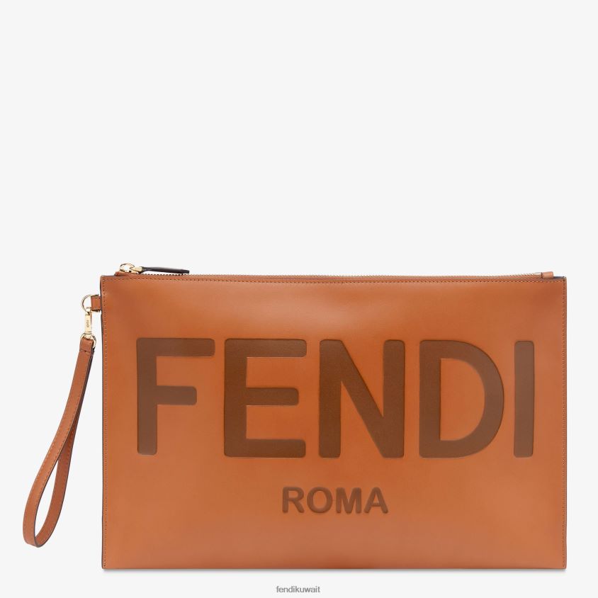 Fendi بني نحيف حقيبة جلدية مسطحة كبيرة RTJZ1503 مُكَمِّلات