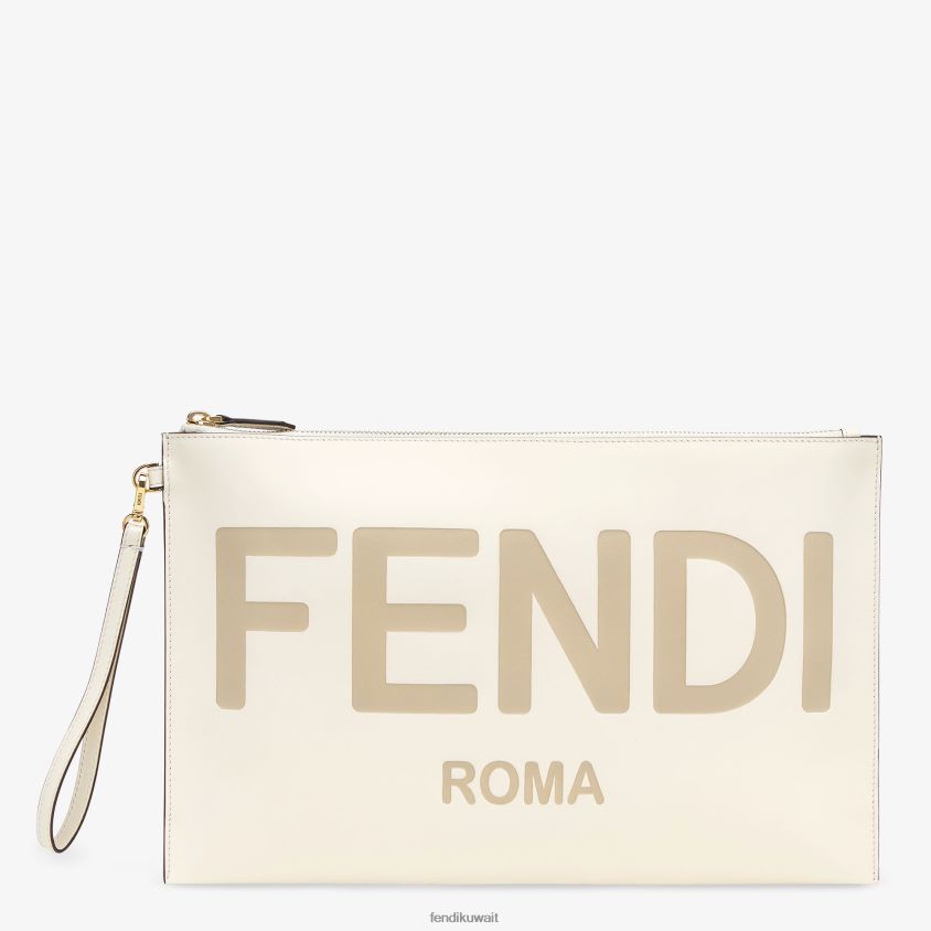 Fendi أبيض نحيف حقيبة جلدية مسطحة كبيرة RTJZ1563 مُكَمِّلات