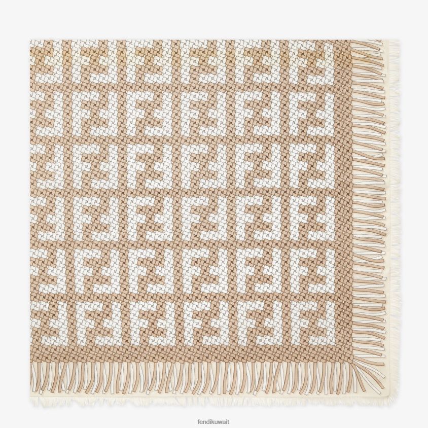 Fendi اللون البيج نحيف شال مشروط والحرير RTJZ173 مُكَمِّلات