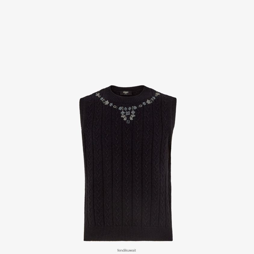 Fendi أسود رجال سترة الكشمير RTJZ2067 ثياب