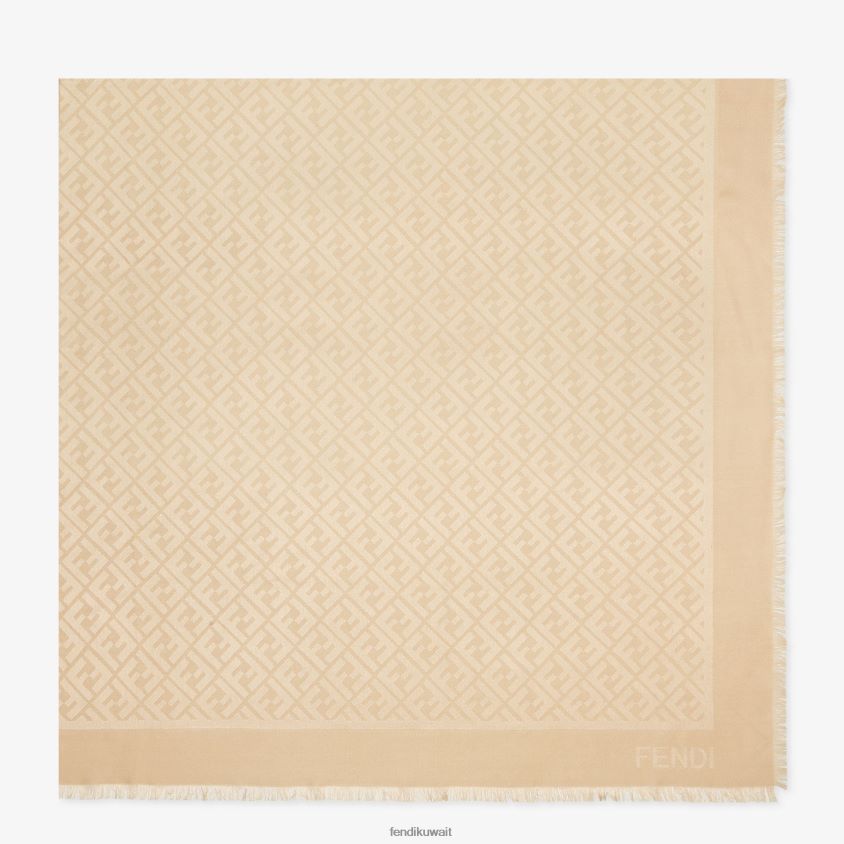 Fendi اللون البيج نحيف شال من الحرير والصوف العضوي RTJZ341 مُكَمِّلات