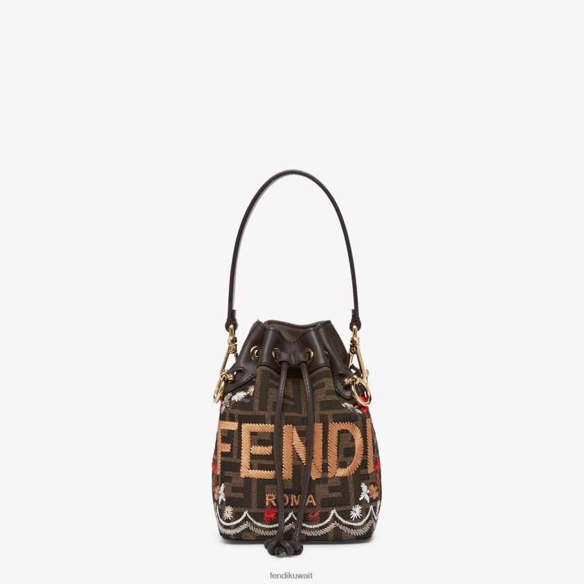 Fendi بني نحيف حقيبة صغيرة من قماش الجاكار مع تطريز RTJZ582 مُكَمِّلات