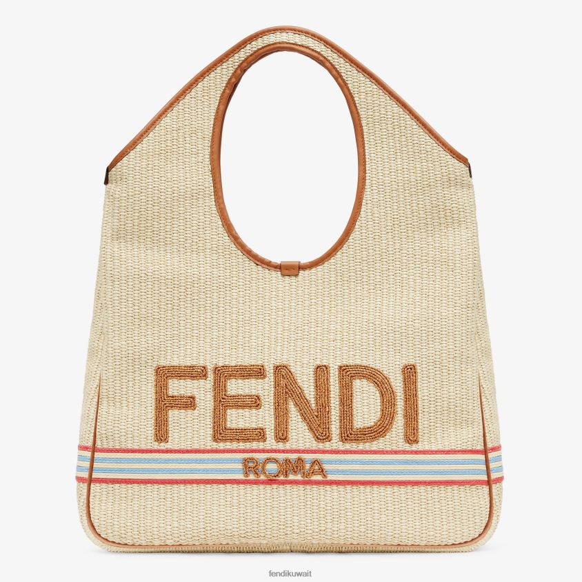 Fendi اللون البيج نحيف المتسوق في القش الطبيعي RTJZ596 مُكَمِّلات
