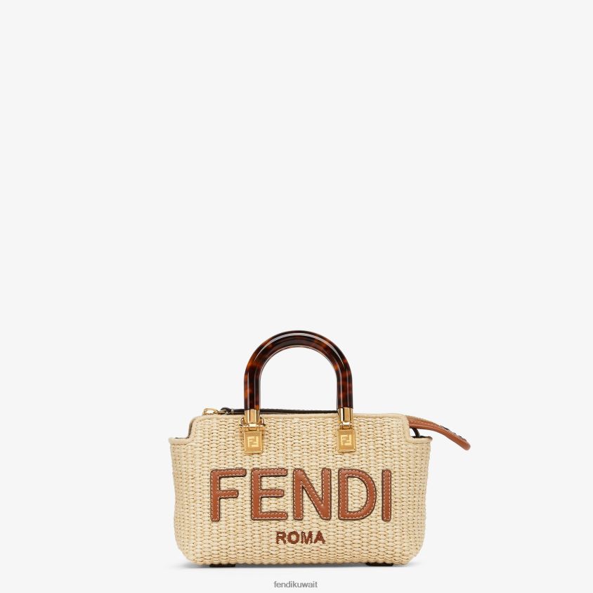 Fendi اللون البيج نحيف حقيبة بوسطن صغيرة من القش الطبيعي RTJZ602 مُكَمِّلات
