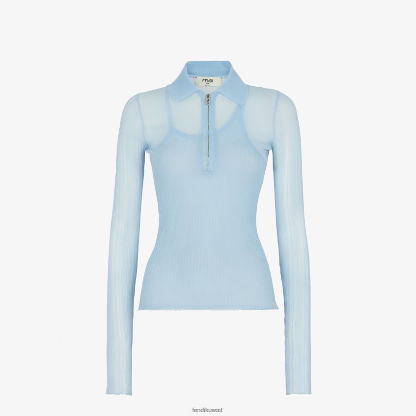 Fendi أزرق فاتح نحيف قميص بولو من الحرير RTJZ927 ثياب