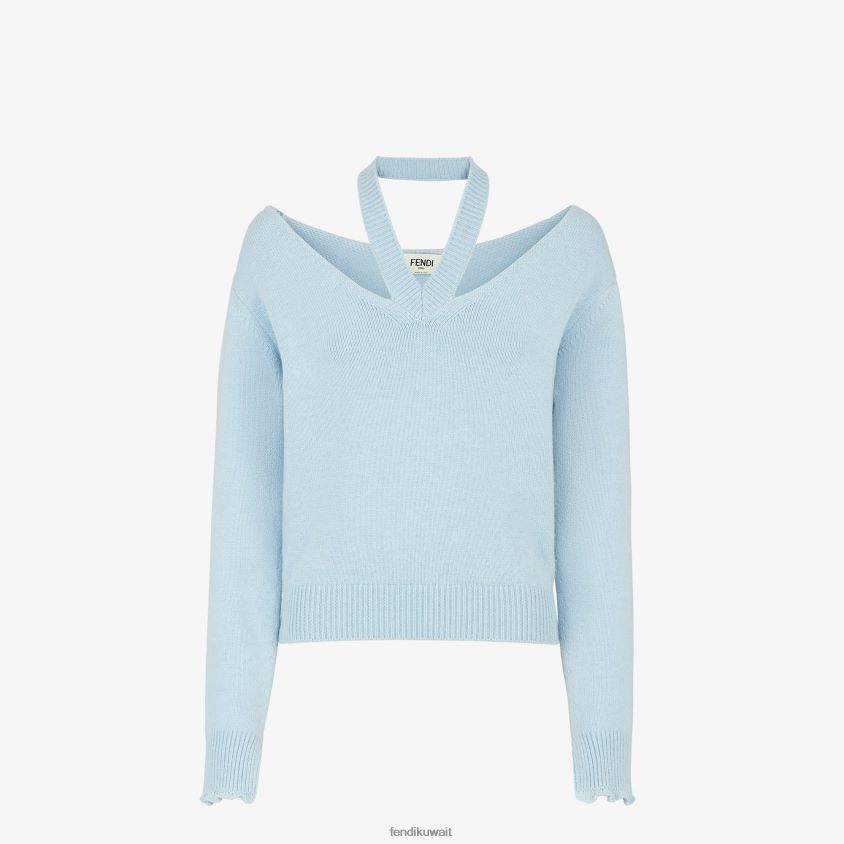 Fendi أزرق فاتح نحيف البلوز الكشمير RTJZ930 ثياب